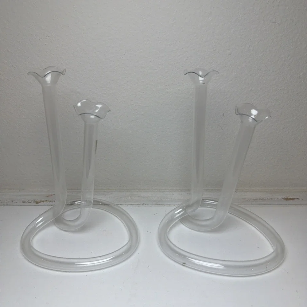 Vintage Propagation Infinity‎ Twisted Clear Glass Double Bud Vases Heart Shaped